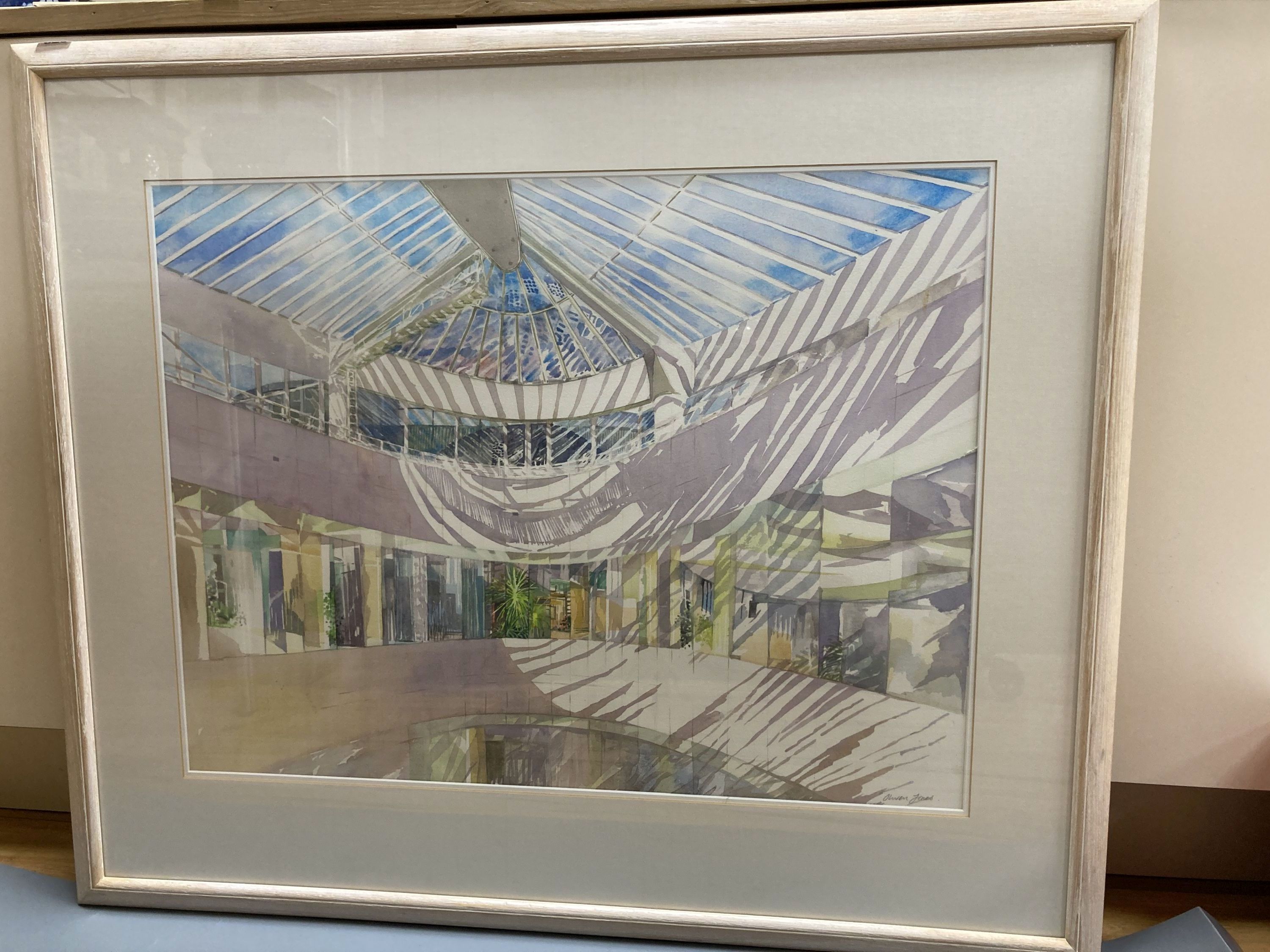 Olwen Jones (1945-), watercolour, Architectural study - Interior Whitefriars, signed, 54 x 71cm and a Daphne Sandham, limited edition p